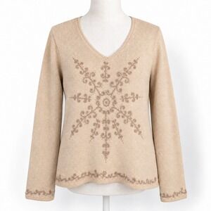 Vintage Y2K Snowflake Embroidered Sweater Size M Tan Cottagecore Winter Boho